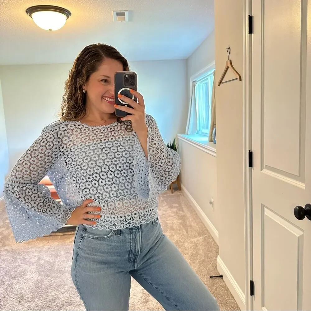 J. Crew Blue Floral Lace Flare Sleeve Blouse Top 6